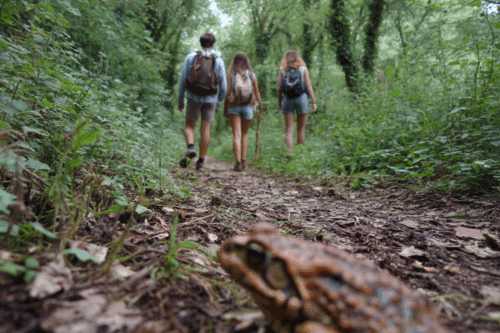 Tres jóvenes caminan por el bosque