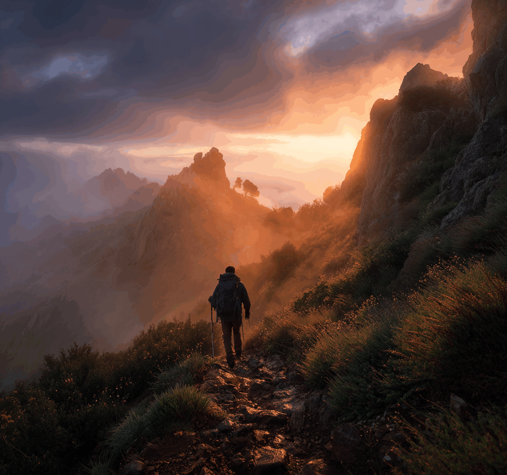 Persona caminando con técnica natural en un sendero de montaña, postura erguida y respiración relajada