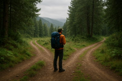 Senderista solo ante una bifurcación en el bosque, decidiendo entre dos caminos rodeado de árboles y niebla