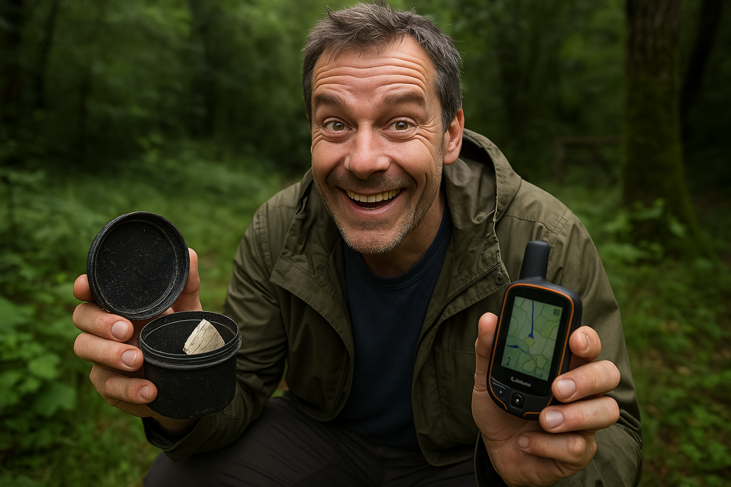 Hombre colocando un caché de geocaching camuflado entre piedras con expresión divertida en un bosque