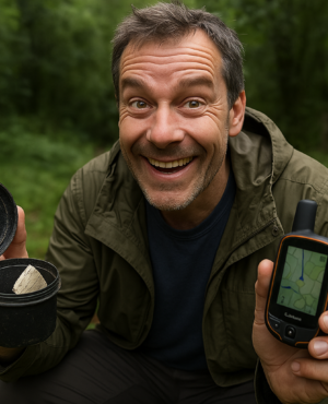 Hombre colocando un caché de geocaching camuflado entre piedras con expresión divertida en un bosque
